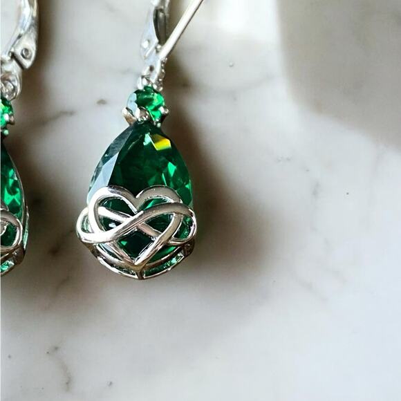 Sterling Silver Emerald Cubic Zirconia Teardrop Heart & Infinity Earrings NEW - Picture 3 of 9